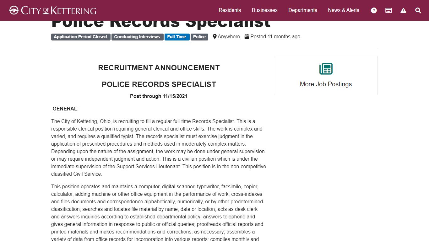 Police Records Specialist - Kettering